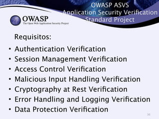 OWASP ASVS 
Application Security Verification 
Standard Project 
• Authentication Verification 
• Session Management Verification 
• Access Control Verification 
• Malicious Input Handling Verification 
• Cryptography at Rest Verification 
• Error Handling and Logging Verification 
• Data Protection Verification 
36 
Requisitos: 
 