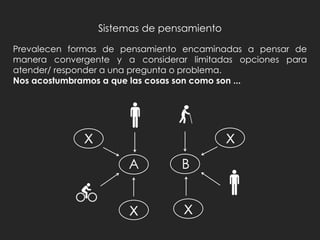 Sistemas de pensamiento
Prevalecen formas de pensamiento encaminadas a pensar de
manera convergente y a considerar limitadas opciones para
atender/ responder a una pregunta o problema.
Nos acostumbramos a que las cosas son como son ...
X
A B
X
X
X
 