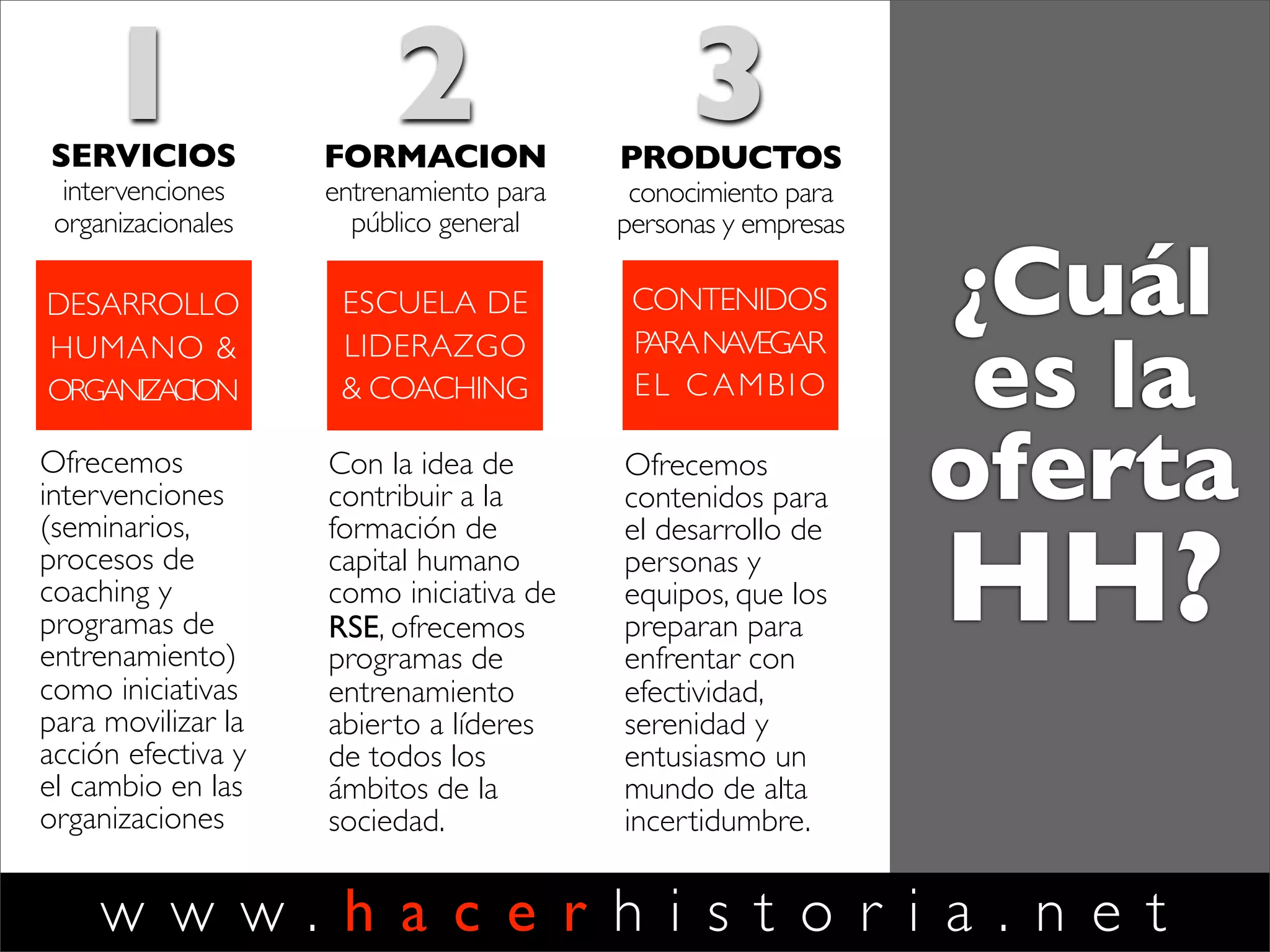 w w w . h a c e r h i s t o r i a . n e t
PROYECTO
HACER
HISTORIA
®
ESCUELA DE
LIDERAZGO
& COACHING
Los participantes interesados en formarse
como coaches con la innovadora disciplina
de Hacer Historia, pueden continuar con los
tres niveles siguientes a LCV, que completan
la formación de la escuela y que incluyen
dos instancias de certiﬁcación.
 