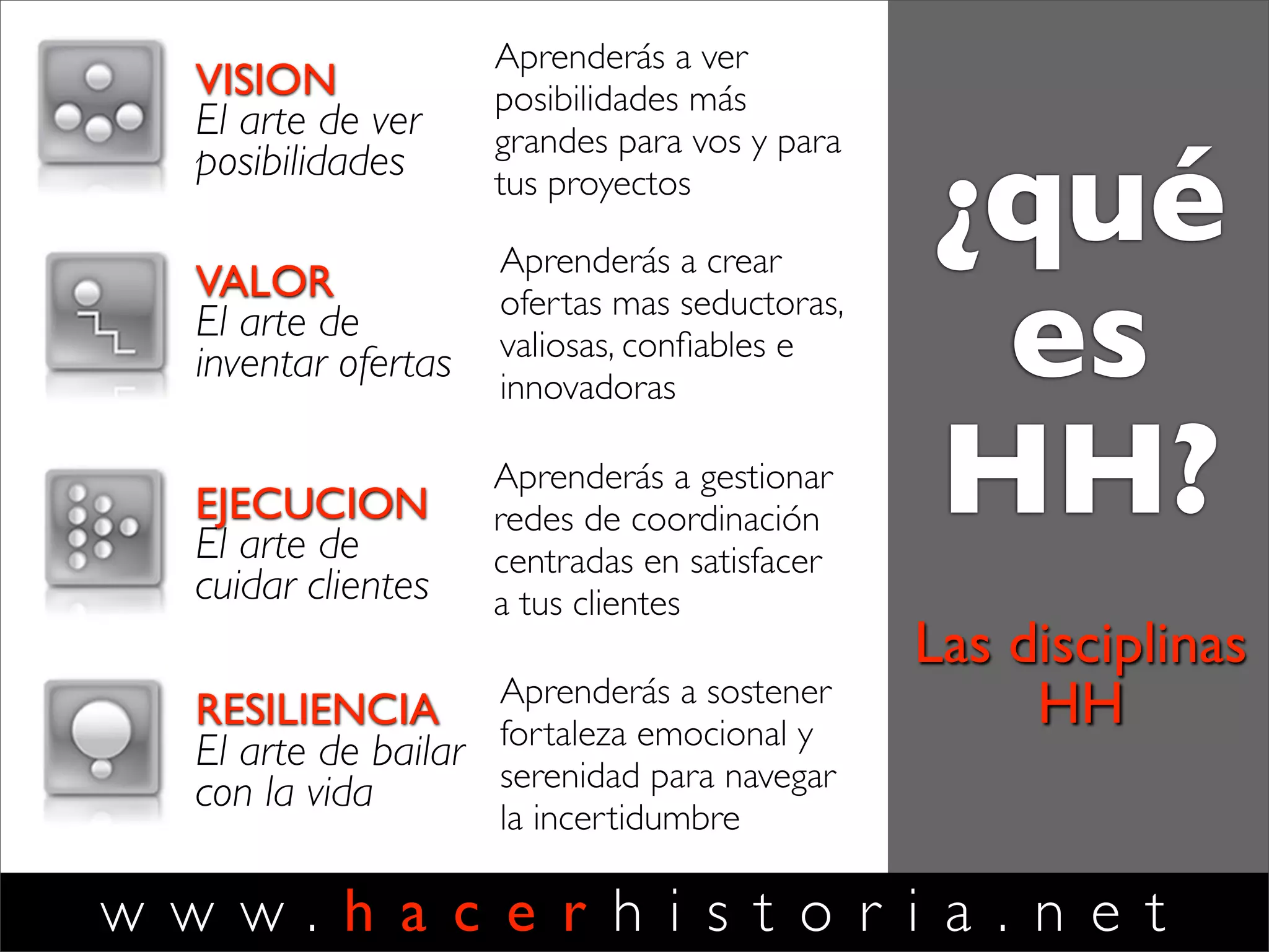 w w w . h a c e r h i s t o r i a . n e t
Diseño del
Programa
COACHING
potenciar
proyectos
TRAINING
entrenar
habilidades
ESPACIO 2.0
movilizar
colaboración
individualplenaria virtual
[+] Estructura:
✓4 seminarios de 2 jornadas c/u (viernes y sábados), 60hs. de entrenamiento.
✓se incluye ¨El Arte de Hacer Historia¨ de JC Lucas, texto de estudio del programa.
✓tareas vinculadas con los desafíos de desempeño de los participantes.
✓la posibilidad de coaching en sala.
✓la posibilidad de que muchas conversaciones se prolonguen en los espacios online.
✓Posibilidad de acceder a la Escuela de Liderazgo y Coaching de HH.
Dimensiones
de trabajo
LCVLiderazgo y
Creación deValor
 