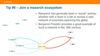 | 10
Tip #6 – Join a research ecosystem
• Research has generally been a “social” activity;
whether with a team in a lab or across a vast
network of scientists spanning the globe
• Benjamin Franklin provides a good example of
such a network in the 18th century
 