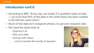 | 3
Introduction cont’d
• According to IBM: “Every day, we create 2.5 quintillion bytes of data
— so much that 90% of the data in the world today has been created
in the last two years alone.”
• Much of that data isn’t Instagram photos; it’s genuine research data
• We need the latest tools to:
- Organize it all
- Stay up to date
- Connect with others
- …and to maintain the novelty of research
 