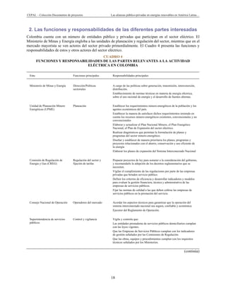 CEPAL – Colección Documentos de proyectos Las alianzas público-privadas en energías renovables en América Latina… 
18 
2. Las funciones y responsabilidades de las diferentes partes interesadas
Colombia cuenta con un número de entidades público y privadas que participan en el sector eléctrico. El
Ministerio de Minas y Energía engloba a las unidades de planeación y regulación del sector, mientras que en el
mercado mayorista se ven actores del sector privado primordialmente. El Cuadro 4 presenta las funciones y
responsabilidades de estos y otros actores del sector eléctrico.
CUADRO 4
FUNCIONES Y RESPONSABILIDADES DE LAS PARTES RELEVANTES A LA ACTIVIDAD
ELÉCTRICA EN COLOMBIA
Ente Funciones principales Responsabilidades principales
Ministerio de Minas y Energía Dirección/Políticas
sectoriales
A cargo de las políticas sobre generación, transmisión, interconexión,
distribución.
Establecimiento de normas técnicas en materia de energía eléctrica,
sobre el uso racional de energía y el desarrollo de fuentes alternas.
Unidad de Planeación Minero
Energéticas (UPME)
Planeación Establecer los requerimientos minero-energéticos de la población y los
agentes económicos del país.
Establecer la manera de satisfacer dichos requerimientos teniendo en
cuenta los recursos minero-energéticos existentes, convencionales y no
convencionales
Elaborar y actualizar el Plan Nacional Minero, el Plan Energético
Nacional, el Plan de Expansión del sector eléctrico.
Realizar diagnósticos que permitan la formulación de planes y
programas del sector minero-energético.
Diseñar y establecer de manera prioritaria los planes, programas y
proyectos relacionados con el ahorro, conservación y uso eficiente de
la energía
Elaborar los planes de expansión del Sistema Interconectado Nacional
Comisión de Regulación de
Energía y Gas (CREG)
Regulación del sector y
fijación de tarifas
Preparar proyectos de ley para someter a la consideración del gobierno,
y recomendarle la adopción de los decretos reglamentarios que se
necesiten.
Vigilar el cumplimiento de las regulaciones por parte de las empresas
privadas que brinden servicio público.
Definir los criterios de eficiencia y desarrollar indicadores y modelos
para evaluar la gestión financiera, técnica y administrativa de las
empresas de servicios públicos.
Fijar las normas de calidad a las que deben ceñirse las empresas de
servicios públicos en la prestación del servicio.
Consejo Nacional de Operación Operadores del mercado Acordar los aspectos técnicos para garantizar que la operación del
sistema interconectado nacional sea segura, confiable y económica
Ejecutor del Reglamento de Operación.
Superintendencia de servicios
públicos
Control y vigilancia Vigila y controla que:
Las entidades prestadoras de servicios públicos domiciliarios cumplan
con las leyes vigentes.
Que las Empresas de Servicios Públicos cumplan con los indicadores
de gestión señalados por las Comisiones de Regulación.
Que las obras, equipos y procedimientos cumplan con los requisitos
técnicos señalados por los Ministerios.
(continúa)
 