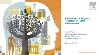 | 29
Elsevier‘s RDM Program:
Ten Habits of Highly
Effective Data
Anita de Waard
VP Research Data Collaborations
Elsevier RDM Services
a.dewaard@elsevier.com
December 8, 2016
 