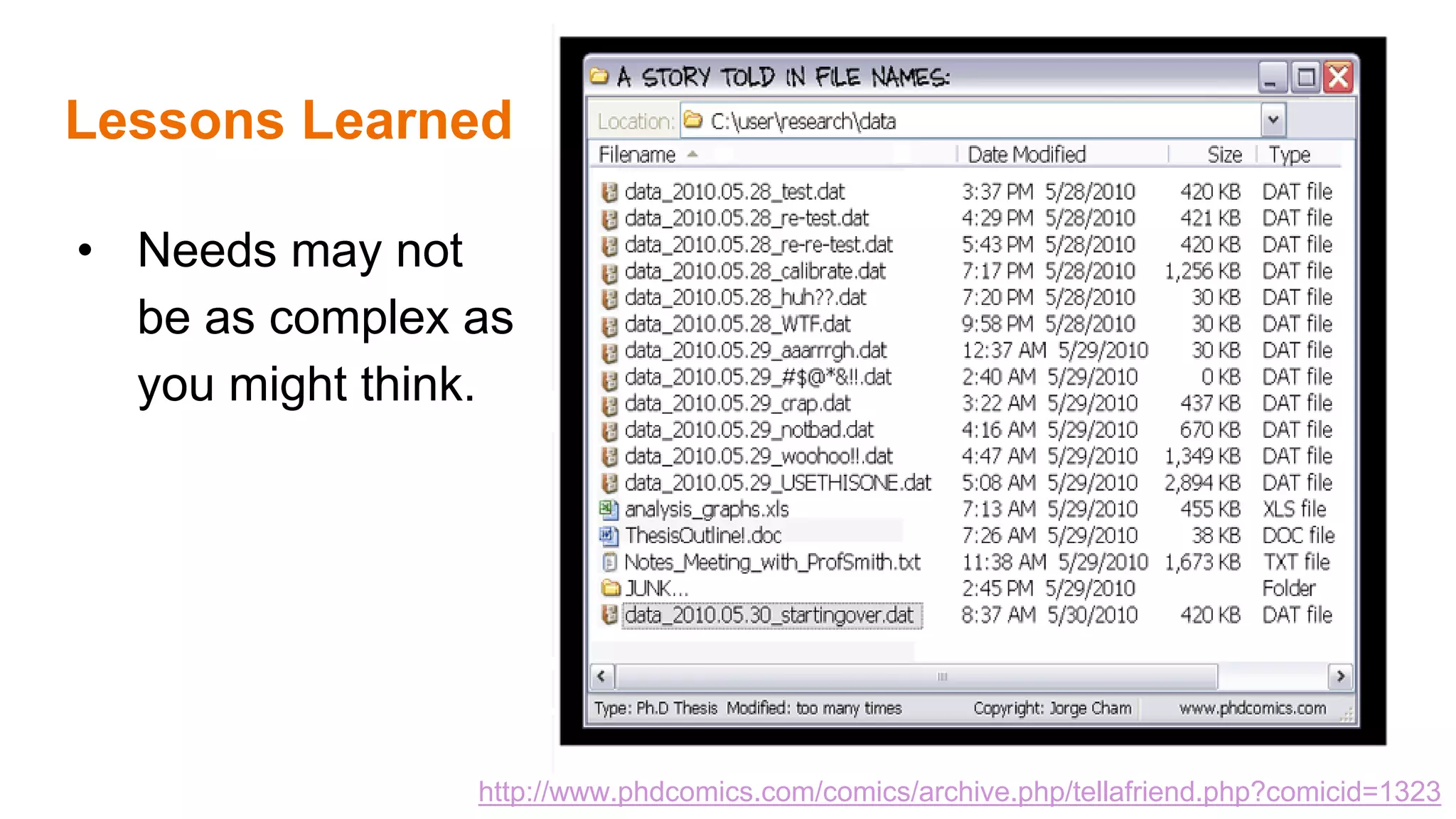 PhD comics, http://www.phdcomics.com/comics.php?f=1323
http://www.phdcomics.com/comics/archive.php/tellafriend.php?comicid=1323
Lessons Learned
• Needs may not
be as complex as
you might think.
 