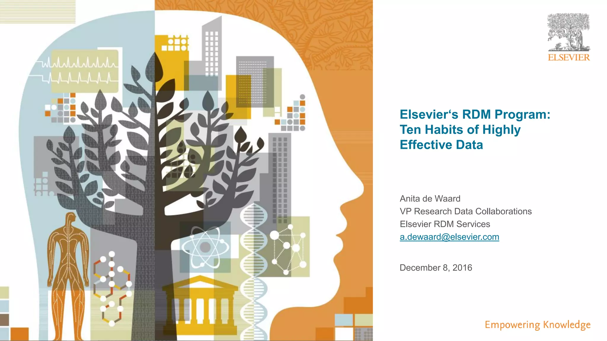 | 29
Elsevier‘s RDM Program:
Ten Habits of Highly
Effective Data
Anita de Waard
VP Research Data Collaborations
Elsevier RDM Services
a.dewaard@elsevier.com
December 8, 2016
 