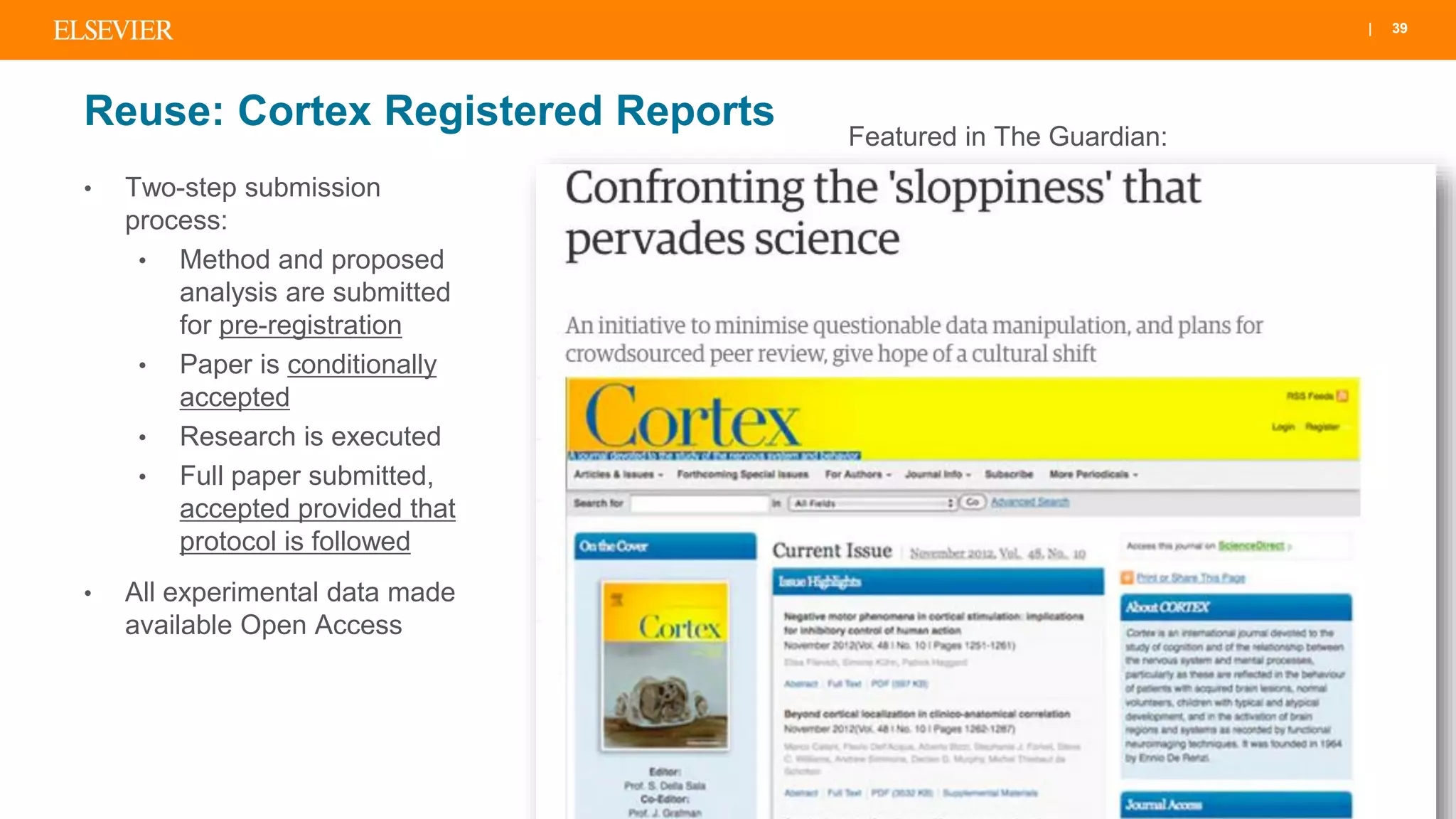 | 39
Reuse: Cortex Registered Reports
39
• Two-step submission
process:
• Method and proposed
analysis are submitted
for pre-registration
• Paper is conditionally
accepted
• Research is executed
• Full paper submitted,
accepted provided that
protocol is followed
• All experimental data made
available Open Access
Featured in The Guardian:
 