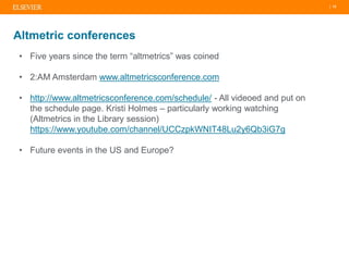 | 12
Altmetric conferences
• Five years since the term “altmetrics” was coined
• 2:AM Amsterdam www.altmetricsconference.com
• http://www.altmetricsconference.com/schedule/ - All videoed and put on
the schedule page. Kristi Holmes – particularly working watching
(Altmetrics in the Library session)
https://www.youtube.com/channel/UCCzpkWNIT48Lu2y6Qb3iG7g
• Future events in the US and Europe?
 