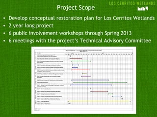 Project Scope
•   Develop conceptual restoration plan for Los Cerritos Wetlands
•   2 year long project
•   6 public involvement workshops through Spring 2013
•   6 meetings with the project’s Technical Advisory Committee
 