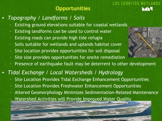 Opportunities
• Topography / Landforms / Soils
   –   Existing ground elevations suitable for coastal wetlands
   –   Existing landforms can be used to control water
   –   Existing roads can provide high tide refugia
   –   Soils suitable for wetlands and uplands habitat cover
   –   Site location provides opportunities for soil disposal
   –   Site size provides opportunities for onsite remediation
   –   Presence of earthquake fault may be deterrent to other development
• Tidal Exchange / Local Watersheds / Hydrology
   –   Site Location Provides Tidal Exchange Enhancement Opportunities
   –   Site Location Provides Freshwater Enhancement Opportunities
   –   Altered Geomorphology Minimizes Sedimentation-Related Maintenance
   –   Watershed Activities will Provide Improved Water Quality
 