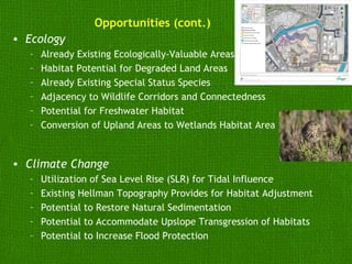 Opportunities (cont.)
• Ecology
  –   Already Existing Ecologically-Valuable Areas
  –   Habitat Potential for Degraded Land Areas
  –   Already Existing Special Status Species
  –   Adjacency to Wildlife Corridors and Connectedness
  –   Potential for Freshwater Habitat
  –   Conversion of Upland Areas to Wetlands Habitat Area


• Climate Change
  –   Utilization of Sea Level Rise (SLR) for Tidal Influence
  –   Existing Hellman Topography Provides for Habitat Adjustment
  –   Potential to Restore Natural Sedimentation
  –   Potential to Accommodate Upslope Transgression of Habitats
  –   Potential to Increase Flood Protection
 