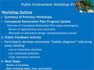 Public Involvement Workshop #3

 Workshop      Outline
• Summary of Previous Workshops
• Conceptual Restoration Plan Progress Update
  - Overview of Conceptual Restoration Plan scope and progress
   – Review of opportunities and constraints
   – Discussion of alternative design conceptualization process
3. Public Feedback Activity
• Participants develop restoration “bubble diagrams” indicating
   areas needing:
   – Lots of restoration attention
   – Less restoration attention
   – Little restoration attention
4. Next Steps
   -Review of workshop
   -Next workshop topics, time, and location
 