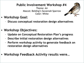 • Workshop Goal:
– Discuss conceptual restoration design alternatives
• Workshop Objectives:
– Update on Conceptual Restoration Plan’s progress
– Describe initial restoration design alternatives
– Perform workshop activity to generate feedback on
restoration design alternatives
• Workshop Feedback Activity results were…
Public Involvement Workshop #4
Theme: Air
Mascot: Belding’s Savannah Sparrow
Color: White
 