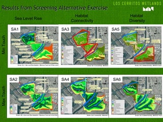 Sea Level Rise
Habitat
Connectivity
Habitat
Diversity
MinTouchMaxTouch
SA1
SA6
SA5
SA4
SA3
SA2
Results from Screening Alternative ExerciseResults from Screening Alternative Exercise
 