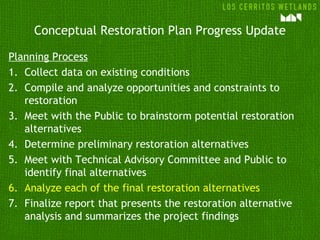 Conceptual Restoration Plan Progress Update
Planning Process
1. Collect data on existing conditions
2. Compile and analyze opportunities and constraints to
restoration
3. Meet with the Public to brainstorm potential restoration
alternatives
4. Determine preliminary restoration alternatives
5. Meet with Technical Advisory Committee and Public to
identify final alternatives
6. Analyze each of the final restoration alternatives
7. Finalize report that presents the restoration alternative
analysis and summarizes the project findings
 