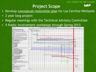 Project Scope
• Develop conceptual restoration plan for Los Cerritos Wetlands
• 2 year long project
• Regular meetings with the Technical Advisory Committee
• 5 Public involvement workshops through Spring 2013
 