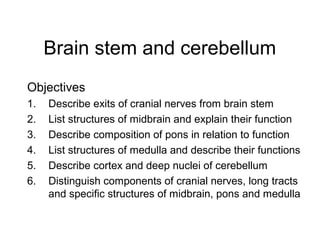 Brain stem and cerebellum
Objectives
1.   Describe exits of cranial nerves from brain stem
2.   List structures of midbrain and explain their function
3.   Describe composition of pons in relation to function
4.   List structures of medulla and describe their functions
5.   Describe cortex and deep nuclei of cerebellum
6.   Distinguish components of cranial nerves, long tracts
     and specific structures of midbrain, pons and medulla
 