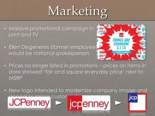 • Massive promotional campaign in
print and TV
• Ellen Degeneres (former employee)
would be national spokesperson
• Prices no longer listed in promotions – prices on items in
store showed „fair and square everyday price‟ next to
MSRP
• New logo intended to modernize company image and
appeal to larger customer base
Marketing
 