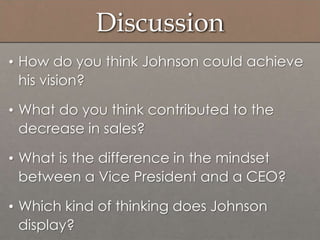 Discussion
• How do you think Johnson could achieve
his vision?
• What do you think contributed to the
decrease in sales?
• What is the difference in the mindset
between a Vice President and a CEO?
• Which kind of thinking does Johnson
display?
 