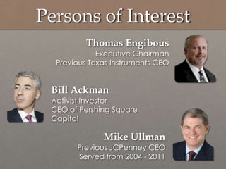 Persons of Interest
Thomas Engibous
Executive Chairman
Previous Texas Instruments CEO
Bill Ackman
Activist Investor
CEO of Pershing Square
Capital
Mike Ullman
Previous JCPenney CEO
Served from 2004 - 2011
 
