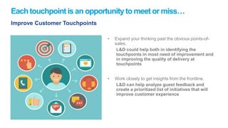 Eachtouchpoint is an opportunity to meet or miss…
Improve Customer Touchpoints
• Expand your thinking past the obvious points-of-
sales.
L&D could help both in identifying the
touchpoints in most need of improvement and
in improving the quality of delivery at
touchpoints
• Work closely to get insights from the frontline.
L&D can help analyze guest feedback and
create a prioritized list of initiatives that will
improve customer experience
 