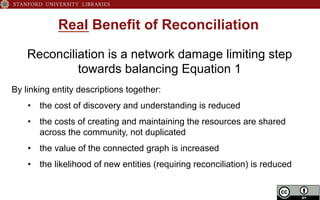 Real Benefit of Reconciliation
Reconciliation is a network damage limiting step
towards balancing Equation 1
By linking entity descriptions together:
•  the cost of discovery and understanding is reduced
•  the costs of creating and maintaining the resources are shared
across the community, not duplicated
•  the value of the connected graph is increased
•  the likelihood of new entities (requiring reconciliation) is reduced
 
