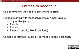 Entities to Reconcile
As a community, we need to pick where to start.
Suggest starting with least controversial / most unique:
•  Physical objects
•  People
•  Places
•  Events (specific, like Exhibitions)
A small sub-domain (by time?) to make overlap more likely
 