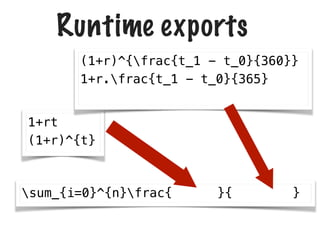 Runtime exports
sum_{i=0}^{n}frac{ }{ }
1+rt
(1+r)^{t}
(1+r)^{frac{t_1 - t_0}{360}}
1+r.frac{t_1 - t_0}{365}
 