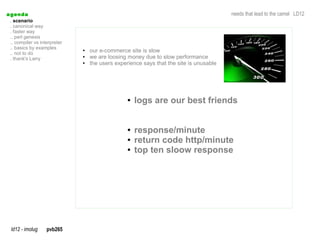 a genda                                                                                  needs that lead to the camel LD12
  . scenario
  . canonical way
  . faster way
  .. perl genesis
  .. compiler vs interpreter
  .. basics by examples
  .. not to do
                               ●   our e-commerce site is slow
  . thank's Larry
                               ●   we are loosing money due to slow performance
                               ●   the users experience says that the site is unusable




                                                  ●   logs are our best friends


                                                  ●   response/minute
                                                  ●   return code http/minute
                                                  ●   top ten sloow response




  ld12 - imolug     pvb265
 