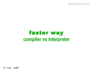 needs that lead to the camel LD12




                           faster way
                         compiler vs interpreter




ld12 - imolug   pvb265
 