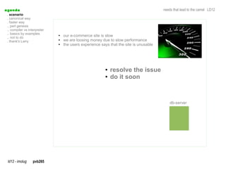 a genda                                                                                  needs that lead to the camel LD12
  . scenario
  . canonical way
  . faster way
  .. perl genesis
  .. compiler vs interpreter
  .. basics by examples
  .. not to do
                               ●   our e-commerce site is slow
  . thank's Larry
                               ●   we are loosing money due to slow performance
                               ●   the users experience says that the site is unusable




                                                          ●   resolve the issue
                                                          ●   do it soon



                                                                                             db-server




  ld12 - imolug     pvb265
 