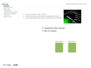 a genda                                                                                   needs that lead to the camel LD12
  . scenario
  . canonical way
  . faster way
  .. perl genesis
  .. compiler vs interpreter
  .. basics by examples
  .. not to do
                               ●   our e-commerce site is slow
  . thank's Larry
                               ●   we are loosing money due to slow performance
                               ●   the users experience says that the site is unusable




                                                          ●   resolve the issue
                                                          ●   do it soon



                                                                             app-server       db-server




  ld12 - imolug     pvb265
 