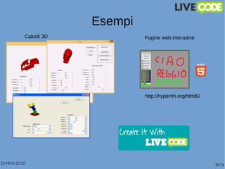25/10/15 23.52 20/24
Esempi
Calcoli 3D Pagine web interattive
http://hyperhh.org/html5/
 