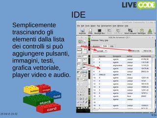 25/10/15 23.52 9/24
IDE
Semplicemente
trascinando gli
elementi dalla lista
dei controlli si può
aggiungere pulsanti,
immagini, testi,
grafica vettoriale,
player video e audio.
 