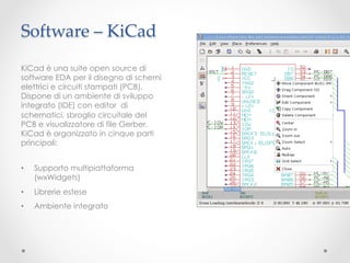 Software – KiCad	
KiCad è una suite open source di
software EDA per il disegno di schemi
elettrici e circuiti stampati (PCB).
Dispone di un ambiente di sviluppo
integrato (IDE) con editor di
schematici, sbroglio circuitale del
PCB e visualizzatore di file Gerber.
KiCad è organizzato in cinque parti
principali:


•    Supporto multipiattaforma
     (wxWidgets)
•    Librerie estese
•    Ambiente integrato
 
