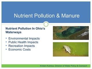 Nutrient Pollution & Manure
Kristen Kubitza, Director of Water Policy & Outreach
• Environmental Impacts
• Public Health Impacts
• Recreation Impacts
• Economic Costs
Nutrient Pollution In Ohio’s
Waterways
 