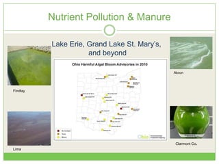 Nutrient Pollution & Manure
Lake Erie, Grand Lake St. Mary’s,
and beyond
Akron
Lima
Findlay
Clarmont Co.
 
