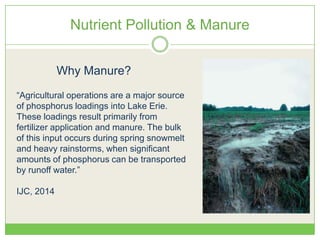 Nutrient Pollution & Manure
Why Manure?
―Agricultural operations are a major source
of phosphorus loadings into Lake Erie.
These loadings result primarily from
fertilizer application and manure. The bulk
of this input occurs during spring snowmelt
and heavy rainstorms, when significant
amounts of phosphorus can be transported
by runoff water.‖
IJC, 2014
 