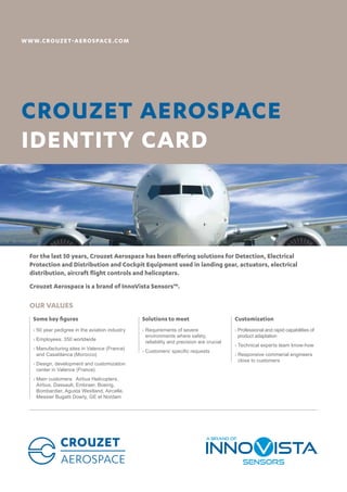 WWW.CROUZET-AEROSPACE.COM
CROUZET AEROSPACE
IDENTITY CARD
For the last 50 years, Crouzet Aerospace has been offering solutions for Detection, Electrical
Protection and Distribution and Cockpit Equipment used in landing gear, actuators, electrical
distribution, aircraft flight controls and helicopters.
Crouzet Aerospace is a brand of InnoVista Sensors™.
OUR VALUES
›› 50 year pedigree in the aviation industry
›› Employees: 350 worldwide
›› Manufacturing sites in Valence (France)
and Casablanca (Morocco)
›› Design, development and customization
center in Valence (France)
›› Main customers: Airbus Helicopters,
Airbus, Dassault, Embraer, Boeing,
Bombardier, Agusta Westland, Aircelle,
Messier Bugatti Dowty, GE et Nordam
Some key figures
›› Requirements of severe
environments where safety,
reliability and precision are crucial
›› Customers’ specific requests
Solutions to meet
›› Professional and rapid capabilities of
product adaptation
›› Technical experts team know-how
›› Responsive commerial engineers
close to customers
Customization
 