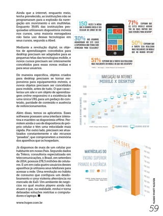 59
REVISTALINHADIRETA
Ainda que a internet, enquanto meio,
tenha prevalecido, as instituições não se
programaram para a explosão da nave-
gação em movimento e em multitelas.
Enquanto 39,8% das instituições pes-
quisadas utilizavam dispositivos móveis
nos cursos, uma maioria esmagadora
não fazia uso dessas tecnologias em
seus cursos, segundo a Abed.
Mediante a revolução digital, os obje-
tos de aprendizagem concebidos para
desktop precisam ser adaptados para as
pequenas telas das tecnologias mobile, e
novos cursos precisam ser inteiramente
concebidos para essas novas mídias e
para seus usuários.
De maneira específica, objetos criados
para desktop precisam se tornar res-
ponsivos para equipamentos móveis, e
novos objetos precisam ser concebidos
para mobile, antes de tudo. O que carac-
teriza um site e um objeto de aprendiza-
gem online responsivo é a existência de
uma única URL para um pedaço do con-
teúdo, paridade de conteúdo e ausência
de redirecionamentos.
Além disso, temos os aplicativos. Esses
softwares possuem uma interface intera-
tiva e mantêm-se disponíveis offline. Per-
mitemaindaousodedispositivosdopró-
prio celular e têm uma velocidade mais
rápida. Por outro lado, precisam ser atua­
lizados constantemente e são recursos
“pesados”, que comprometem a memória
dos aparelhos que os hospedam.
Já dispomos de mais de um celular por
habitante em nosso País. Segundo dados
da Teleco, consultoria especializada em
telecomunicações, o Brasil, em setembro
de 2014, possuía 278,5 milhões de celula-
res.Eumemcadaquatrousuáriosdesses
aparelhos já utilizava seus telefones para
acessar a rede. Uma revolução no hábito
de consumo que configura um desdo-
bramento e uma violenta alternância no
mercado de EaD. Um ambiente de negó-
cios no qual muitos players ainda não
atuam e que, na realidade, evolui e torna
defasadas soluções restritas a computa-
dores e laptops. 
www.hoper.com.br
 