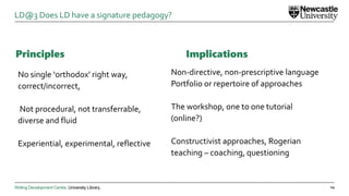 Writing Development Centre. University Library.
Principles
No single ‘orthodox’ right way,
correct/incorrect,
Not procedural, not transferrable,
diverse and fluid
Experiential, experimental, reflective
14
LD@3 Does LD have a signature pedagogy?
Implications
Non-directive, non-prescriptive language
Portfolio or repertoire of approaches
The workshop, one to one tutorial
(online?)
Constructivist approaches, Rogerian
teaching – coaching, questioning
 