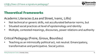 Writing Development Centre. University Library.
Theoretical Frameworks
Academic Literacies (Lea and Street, Ivanic, Lillis)
• Not technical or generic skills, not acculturated behavior norms, but
• Situated social practices at level of epistemology and identity
• Multiple, contested meanings, discourses, power relations and authority
Critical Pedagogy (Freire, Giroux, Bourdieu)
• Teaching as an intrinsically political act, not neutral. Emancipatory,
transformative and participative. Social justice.
15
LD@3 Does LD have a signature pedagogy?
 