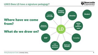 Writing Development Centre. University Library.
Where have we come
from?
What do we draw on?
4
LD@3 Does LD have a signature pedagogy?
LD
Subject
Teaching
Librarian
Advice
and
Guidance
work
Counselling
SpLD and
disability
Staff/
Educational
development
EAP
Researcher
Development
Learning
technologist
Student
 