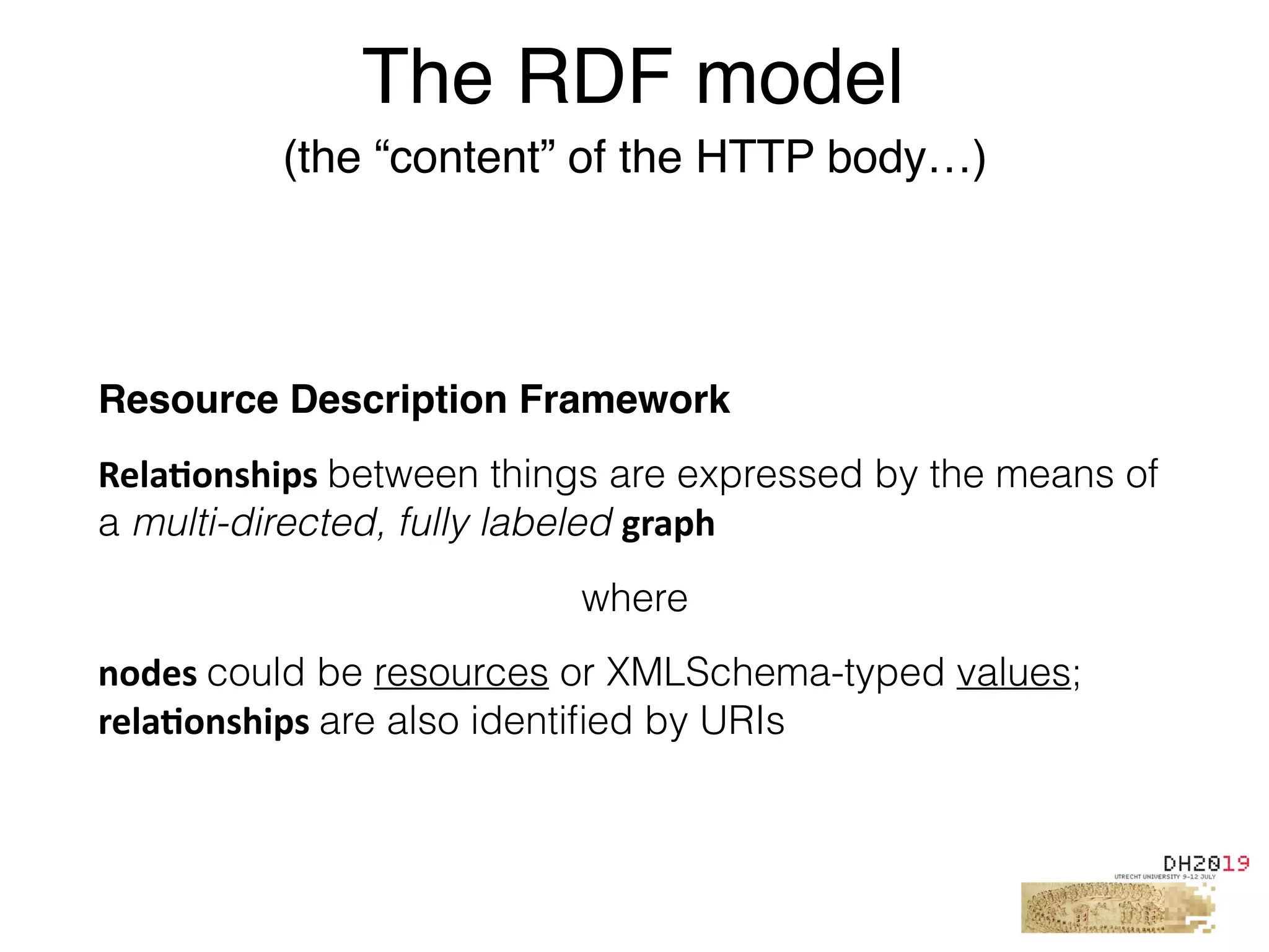 Resource Description Framework
Rela%onships	between things are expressed by the means of
a multi-directed, fully labeled graph		
where
nodes	could be resources or XMLSchema-typed values;
rela%onships	are also identiﬁed by URIs
The RDF model
(the “content” of the HTTP body…)
 