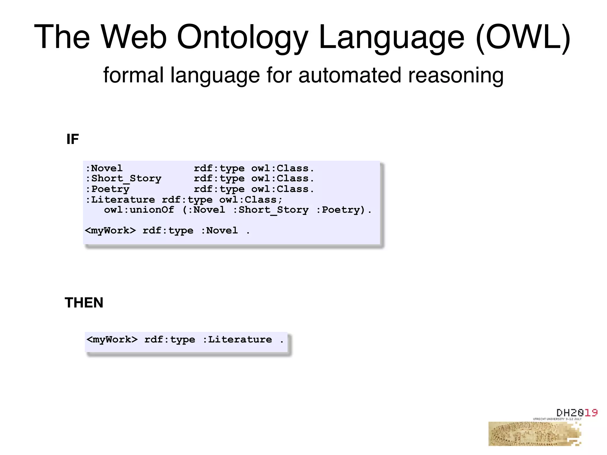 The Web Ontology Language (OWL)
formal language for automated reasoning
:Novel rdf:type owl:Class.
:Short_Story rdf:type owl:Class.
:Poetry rdf:type owl:Class.
:Literature rdf:type owl:Class;
owl:unionOf (:Novel :Short_Story :Poetry).
<myWork> rdf:type :Novel .
<myWork> rdf:type :Literature .
IF
THEN
 