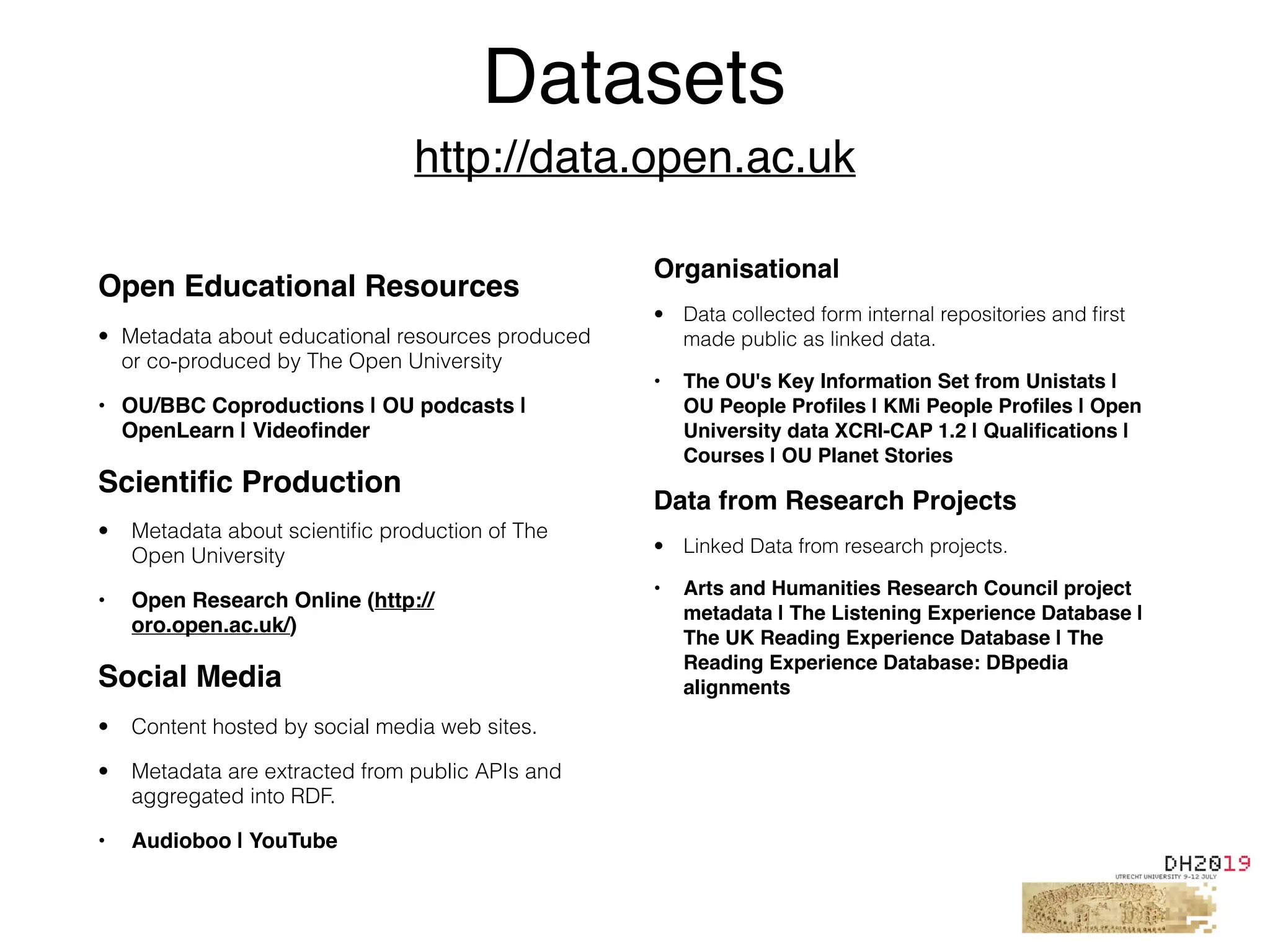 Open Educational Resources
• Metadata about educational resources produced
or co-produced by The Open University
• OU/BBC Coproductions | OU podcasts |
OpenLearn | Videoﬁnder
Scientiﬁc Production
• Metadata about scientiﬁc production of The
Open University
• Open Research Online (http://
oro.open.ac.uk/)
Social Media
• Content hosted by social media web sites.
• Metadata are extracted from public APIs and
aggregated into RDF.
• Audioboo | YouTube
Datasets
http://data.open.ac.uk
Organisational
• Data collected form internal repositories and ﬁrst
made public as linked data.
• The OU's Key Information Set from Unistats |
OU People Proﬁles | KMi People Proﬁles | Open
University data XCRI-CAP 1.2 | Qualiﬁcations |
Courses | OU Planet Stories
Data from Research Projects
• Linked Data from research projects.
• Arts and Humanities Research Council project
metadata | The Listening Experience Database |
The UK Reading Experience Database | The
Reading Experience Database: DBpedia
alignments
 