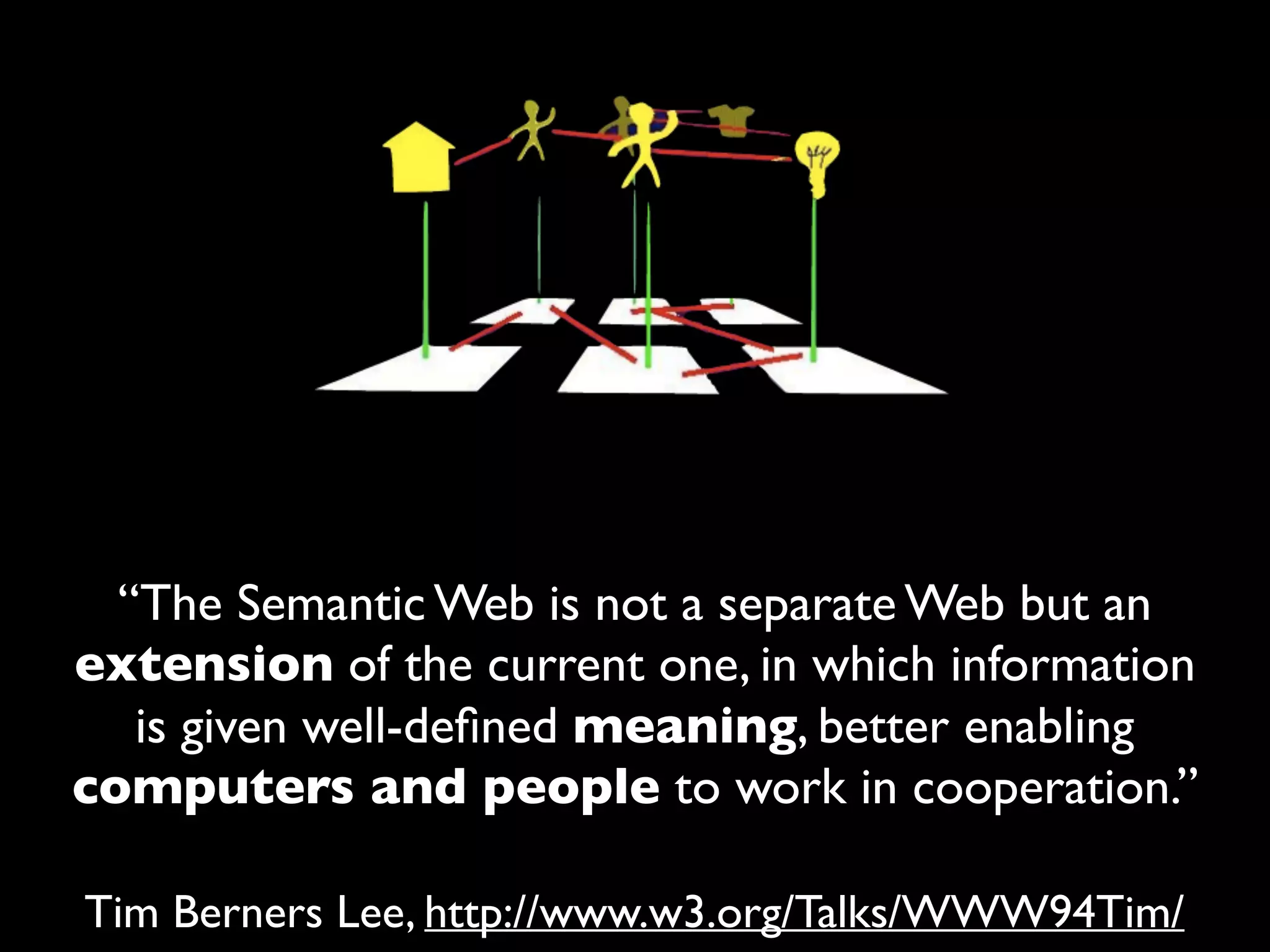 “The Semantic Web is not a separate Web but an
extension of the current one, in which information
is given well-deﬁned meaning, better enabling
computers and people to work in cooperation.”
Tim Berners Lee, http://www.w3.org/Talks/WWW94Tim/
 