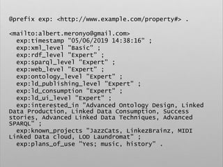 @prefix exp: <http://www.example.com/property#> .
<mailto:albert.meronyo@gmail.com>
exp:timestamp "05/06/2019 14:38:16" ;
exp:xml_level "Basic" ;
exp:rdf_level "Expert" ;
exp:sparql_level "Expert" ;
exp:web_level "Expert" ;
exp:ontology_level "Expert" ;
exp:ld_publishing_level "Expert" ;
exp:ld_consumption "Expert" ;
exp:ld_ui_level "Expert" ;
exp:interested_in "Advanced Ontology Design, Linked
Data Production, Linked Data Consumption, Success
stories, Advanced Linked Data Techniques, Advanced
SPARQL" ;
exp:known_projects "JazzCats, LinkezBrainz, MIDI
Linked Data cloud, LOD Laundromat" ;
exp:plans_of_use "Yes; music, history" .
 
