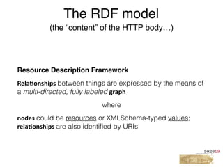 Resource Description Framework
Rela%onships	between things are expressed by the means of
a multi-directed, fully labeled graph		
where
nodes	could be resources or XMLSchema-typed values;
rela%onships	are also identiﬁed by URIs
The RDF model
(the “content” of the HTTP body…)
 