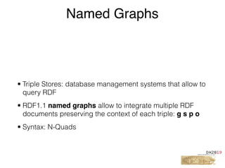 • Triple Stores: database management systems that allow to
query RDF
• RDF1.1 named graphs allow to integrate multiple RDF
documents preserving the context of each triple: g s p o
• Syntax: N-Quads
Named Graphs
 